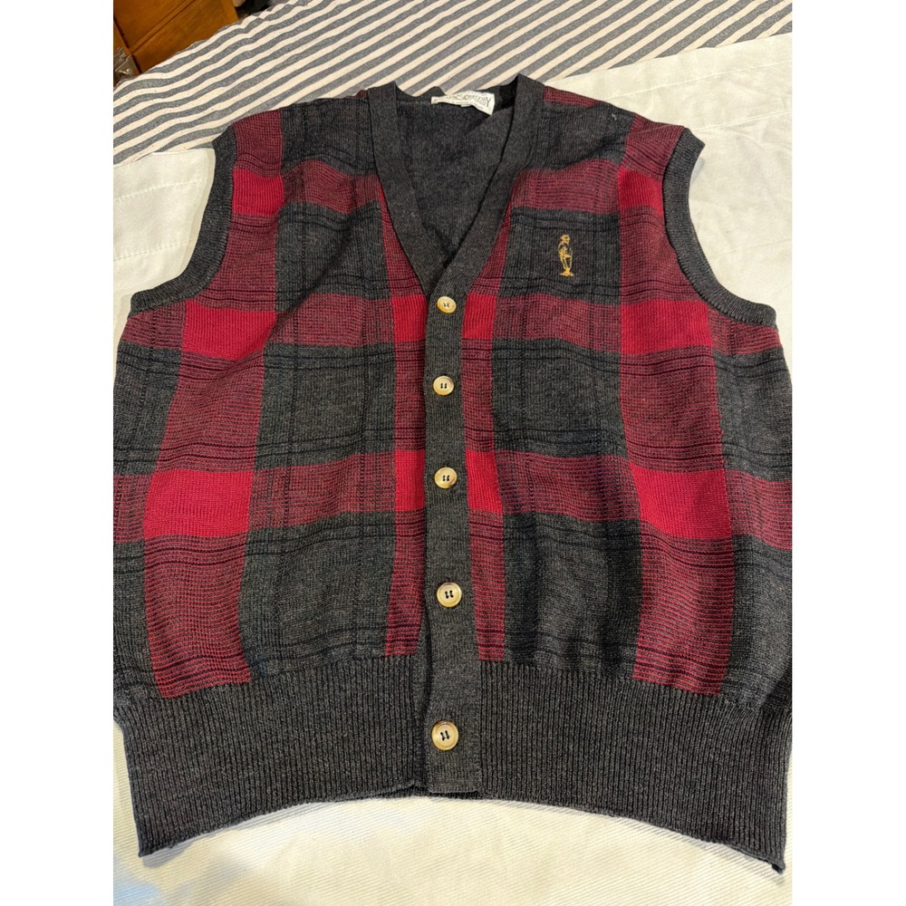 VTG‎ Clark & Gregory Mens Merino Wool Plaid Button Front Sweater Vest Grey Red L